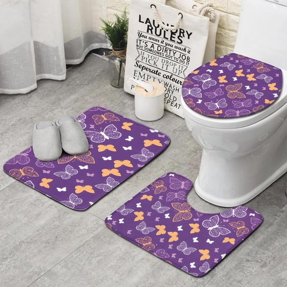 Purple Orange White Butterfly Pattern Bathroom Rugs Sets 3 Piece,Toilet Cover Set,Absorbent Non Slip Bathroom Mats Sets with U-Shaped Contour Rug Toilet Rug Set