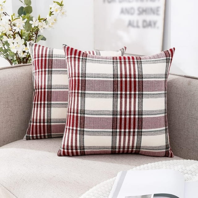 Housses de Coussin à Carreaux Tartan Rouge de Noël 20x20, Ensemble de 2, Style Ferme, Carreaux Buffalo, Housse de Coussin à Rayures Rouges pour Salon, Canapé, Sofa