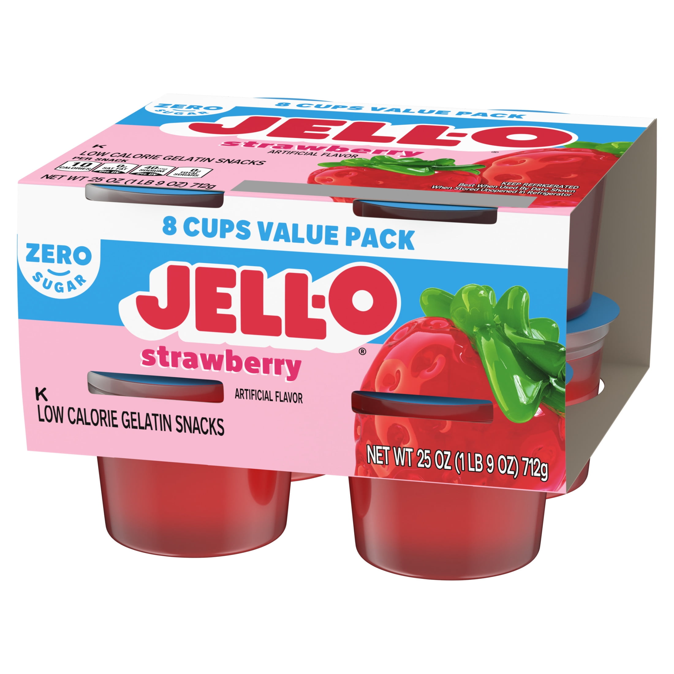 Jell-O Strawberry Artificially Flavored Zero Sugar Ready-to-Eat Gelatin Snack Cups Family Size Pack, 8 ct Cups