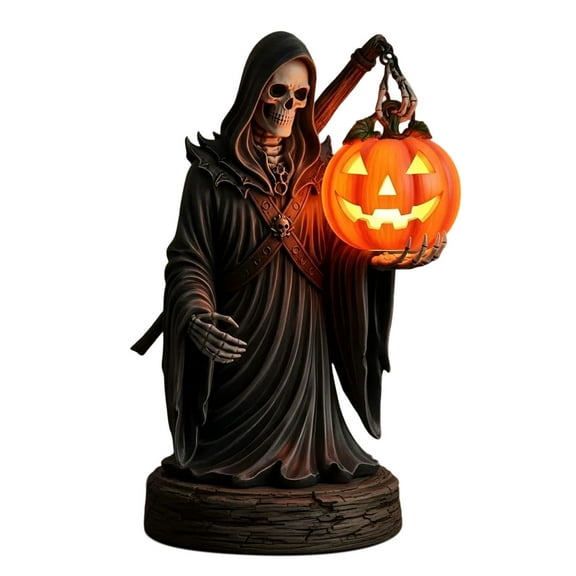 Vintage Halloween Decorations Lamp, Retro Resin Skeleton Figurine with Pumpkin Lights for Halloween Party Office Home Table Decor, Gifts for Men Women