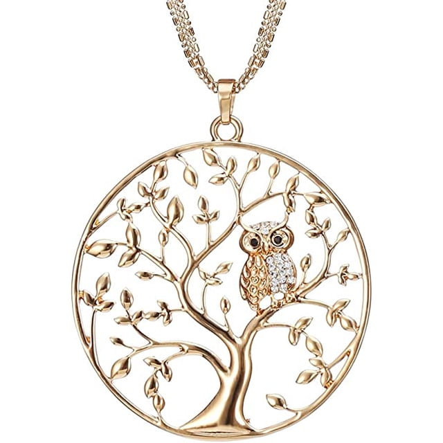 Collar largo para mujer, collar con colgante de árbol de la vida con búho para niña, collar de rosas con cadena de cristal Rojo Verde MX-0128459FYD