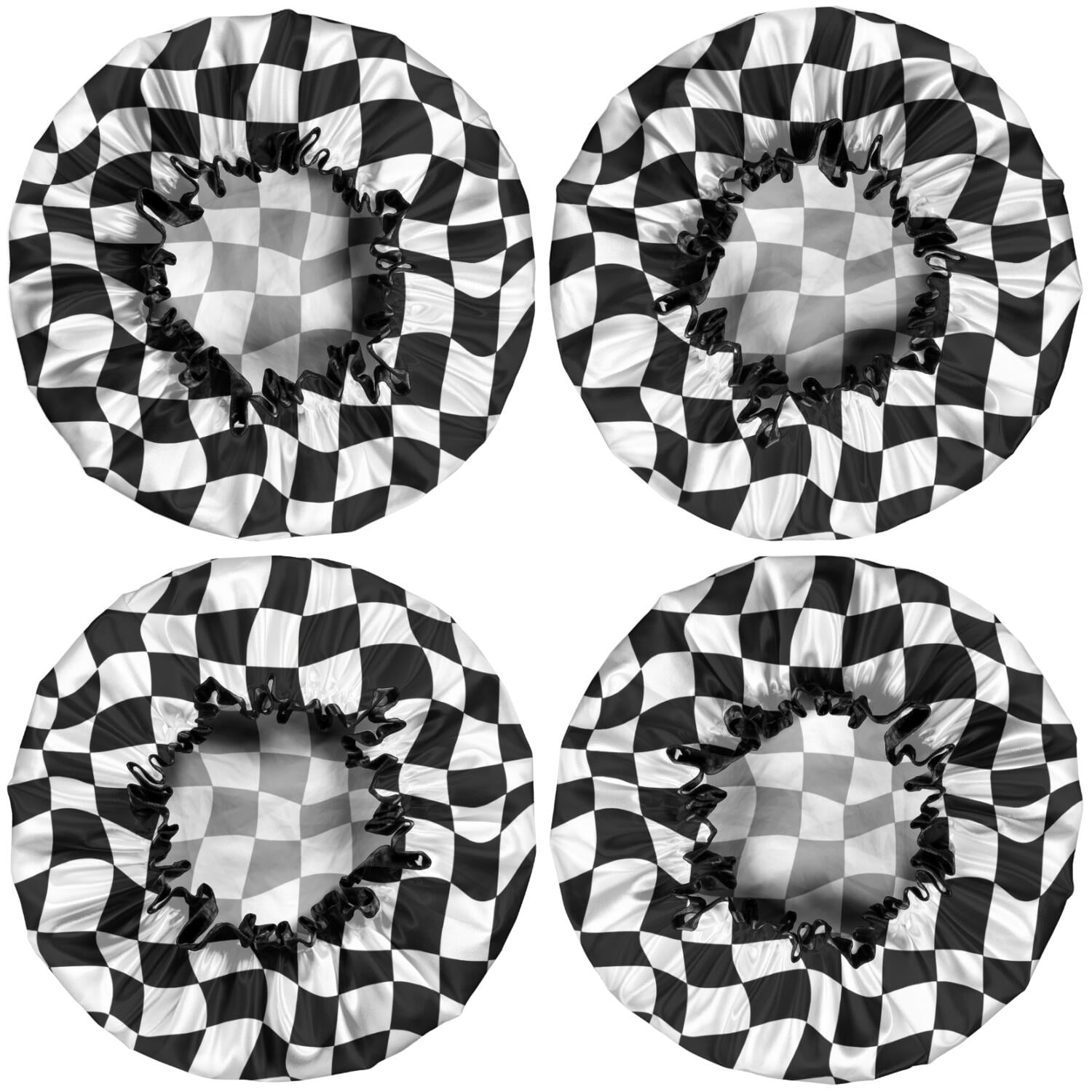 Shower Caps,Black and White Wavy Checkerboard Pattern Waterproof Shower Cap for Women 4 Pieces,Double Reusable Hair Cover for Shower PEVA Elastic Stretch Hem