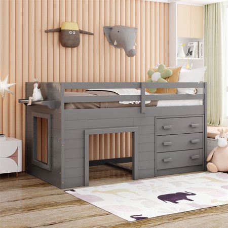 Low Loft Bed with Storage Drawers  Wood Twin Size Loft Bed with Cabinet  Shelf  Ladder and Safety Rail  No Box Spring Needed  Playhouse Bed for Kids Girls Boys Teens  Gray