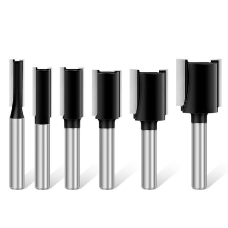 Double Fluted Straight Cut Router Bit Set 1/4 Shank, 6 Pcs Carbide Tipped Plunge Router Drill Bit, Woodworking Tools Milling Cutter for Grooving, Cut Dia in 3/4", 5/8", 1/2", 3/8", 5/16", 1/4"