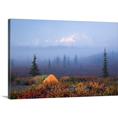 Great BIG Canvas | "Wonder Lake campground with tent in the foreground and Denali partially osbsured by fog" Canvas Wall Art - 30x20