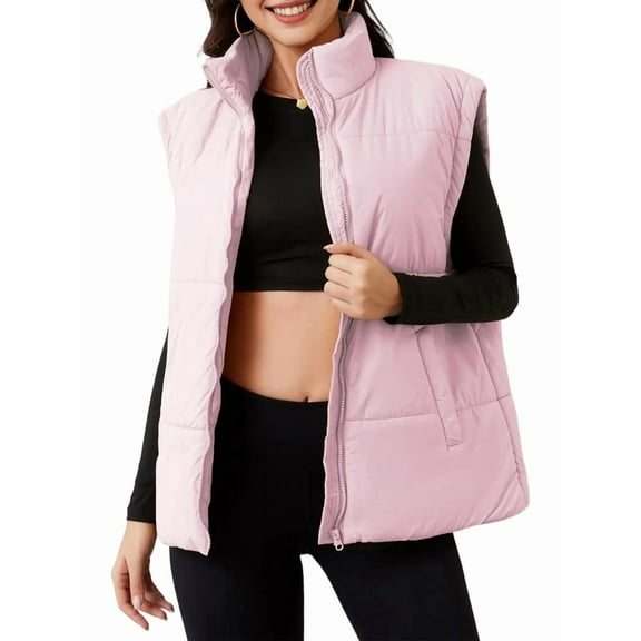 Women Winter Oversized Puffer Vest Light-Weight Stand Collar Sleeveless Padded Puffy Jackets with Pockets Pink S