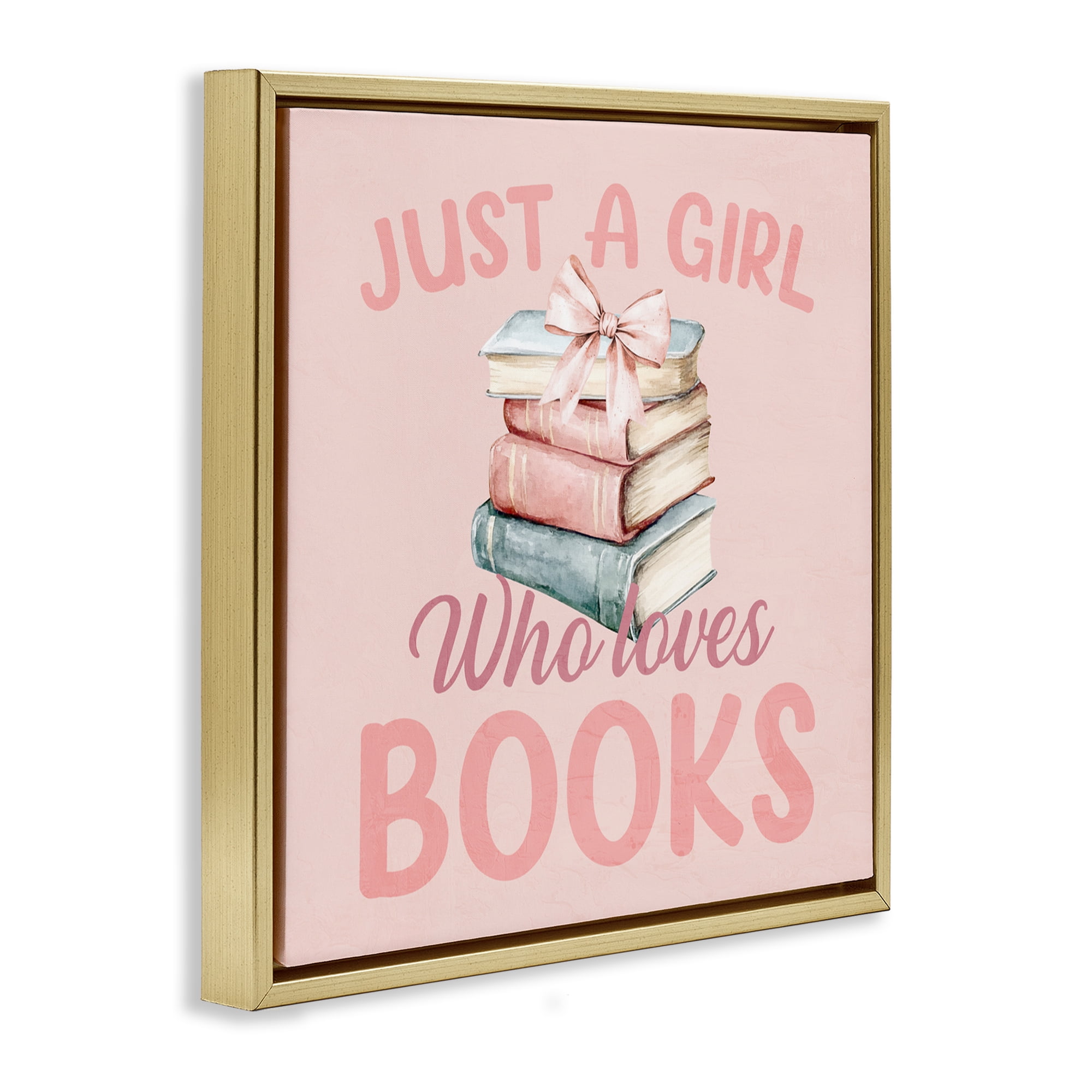 Reader Girl Who Loves Books Gold Framed Floater Canvas Wall Art, design by Kim Allen