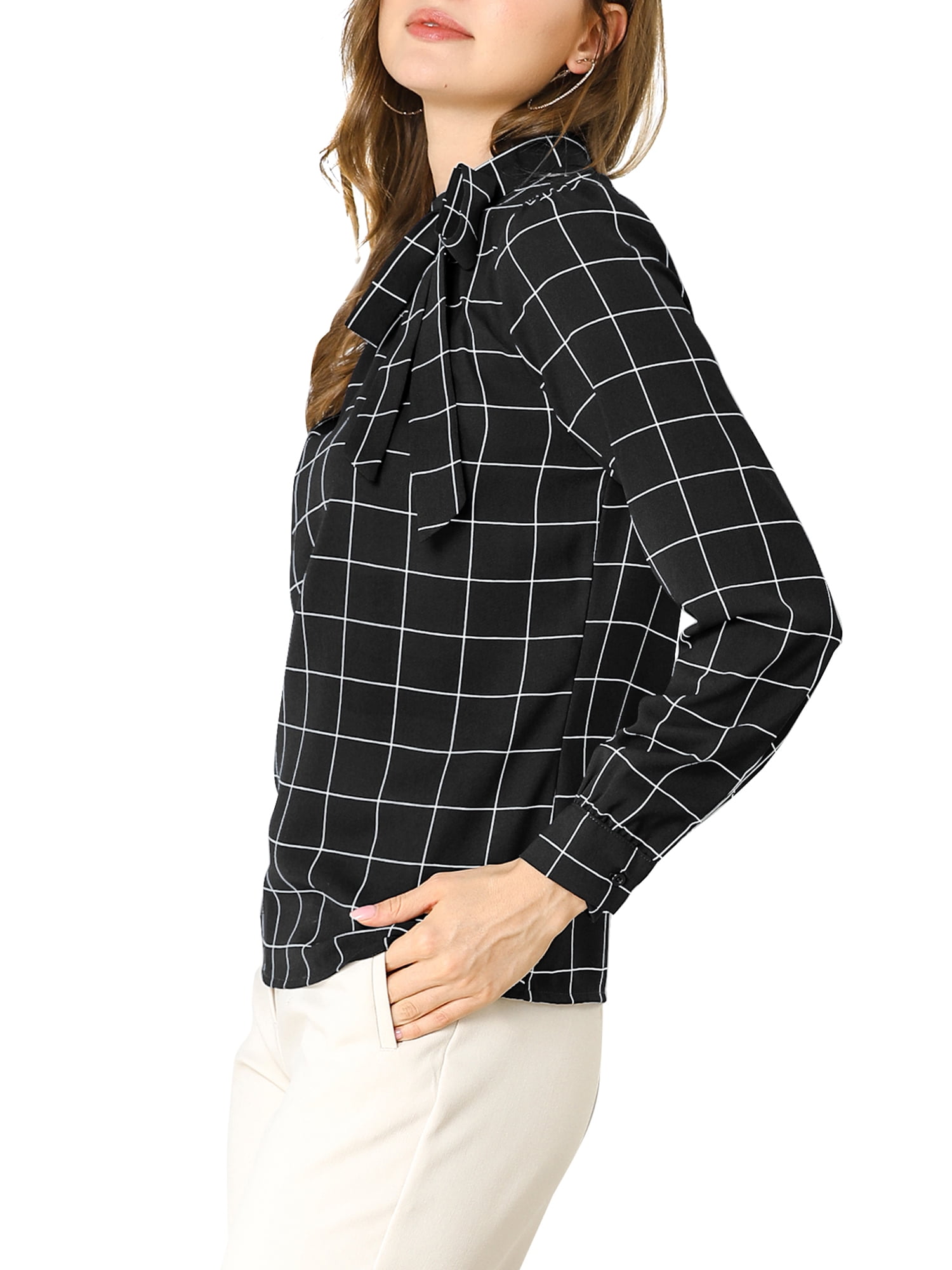 DARING DIVA Bow-Tie Neck Office Work Checks Shirt Top M Black