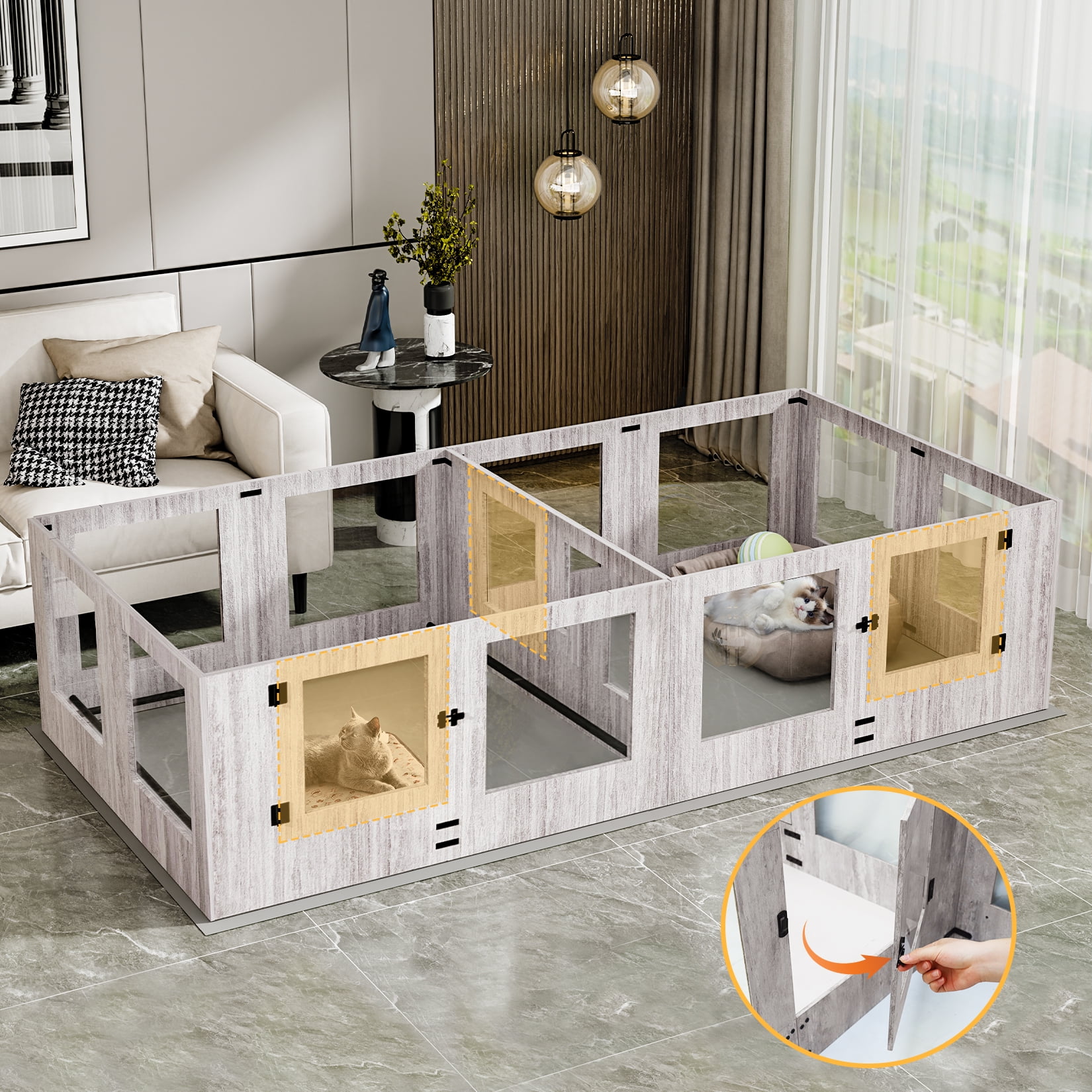 BingoPaw Large Wooden Dog Whelping Box Playpen with Waterproof Fertility Pad, Clear Acrylic Window for Small Medium Dogs