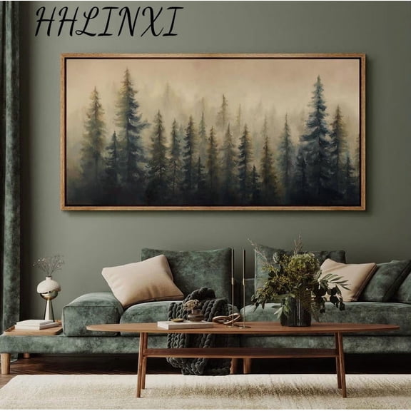 HHLINXI Misty Evergreen Tree Forest Landscape Canvas Picture Artwork Home Bedroom Farmhouse Rustic Cabin Decoration No Frame