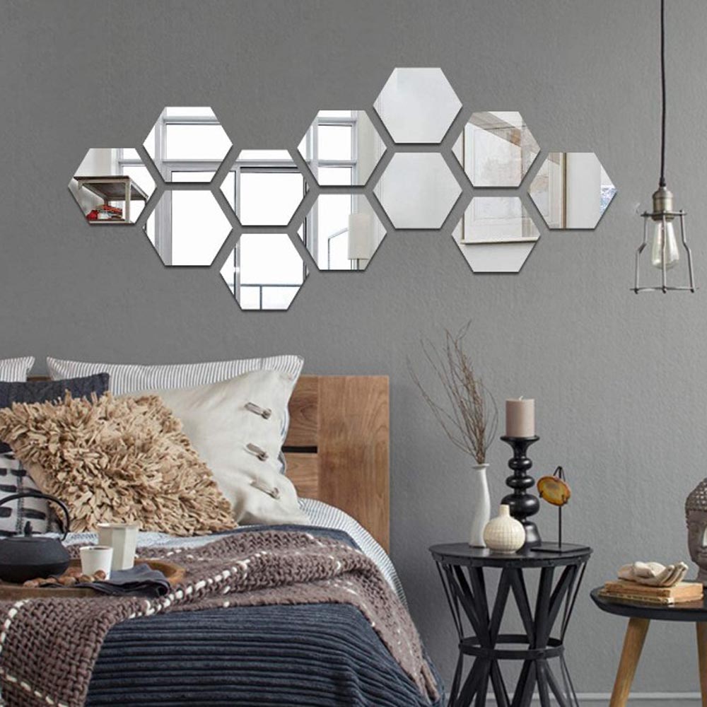 FYCONE 12Pcs DIY Wall Sticker Hexagonal 3D Mirror Self Adhesive Mirror  Tiles for Home Decoration 