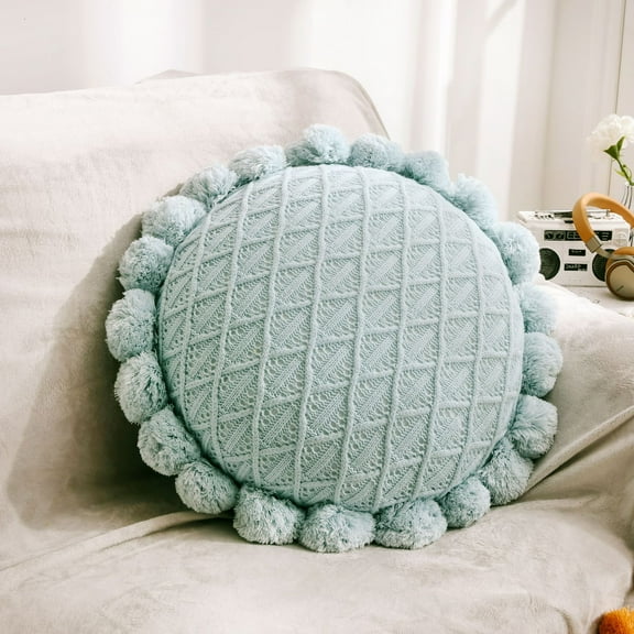 1 Pcs Round Pillows Chunky Knitted Throw Pillows 19.6 Inch Soft Circle Decorative for Home Bed Couch Sofa Decoration，Light Blue