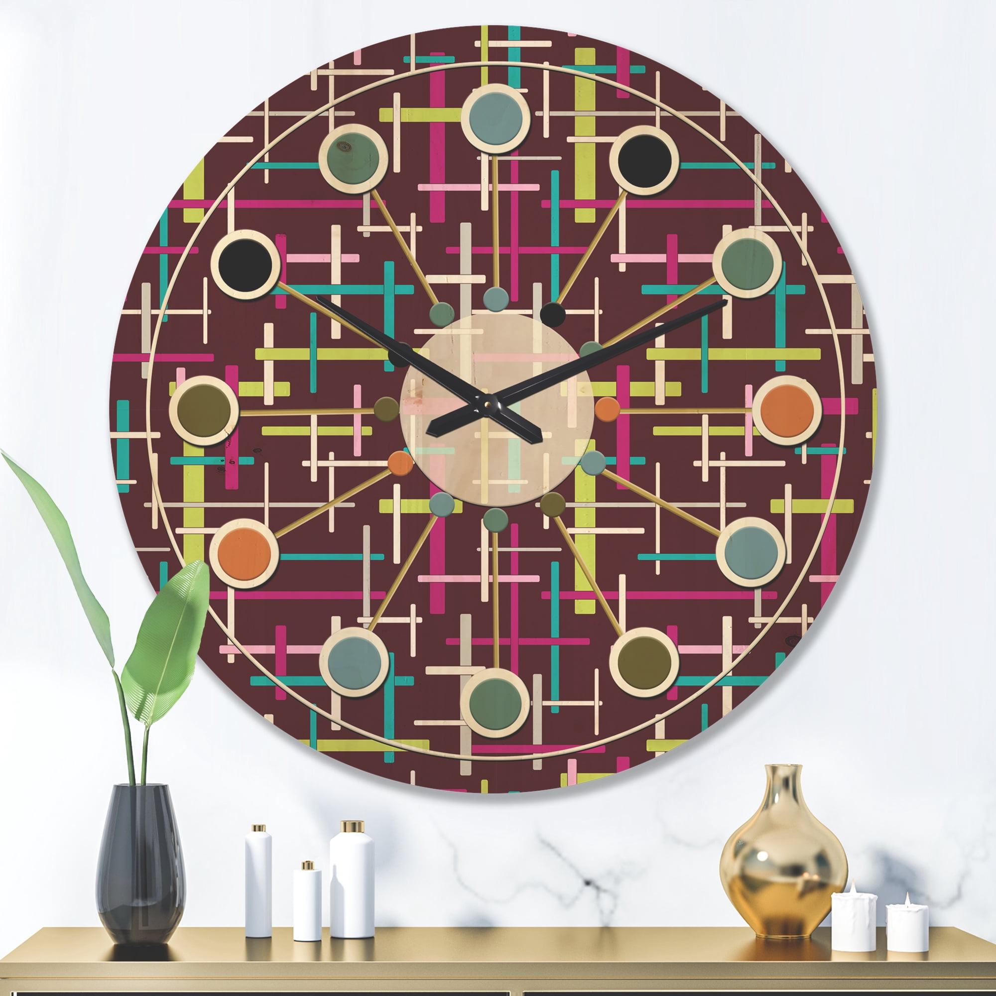Designart 'Abstract Retro Design XX' Mid-Century Modern Wood Wall Clock