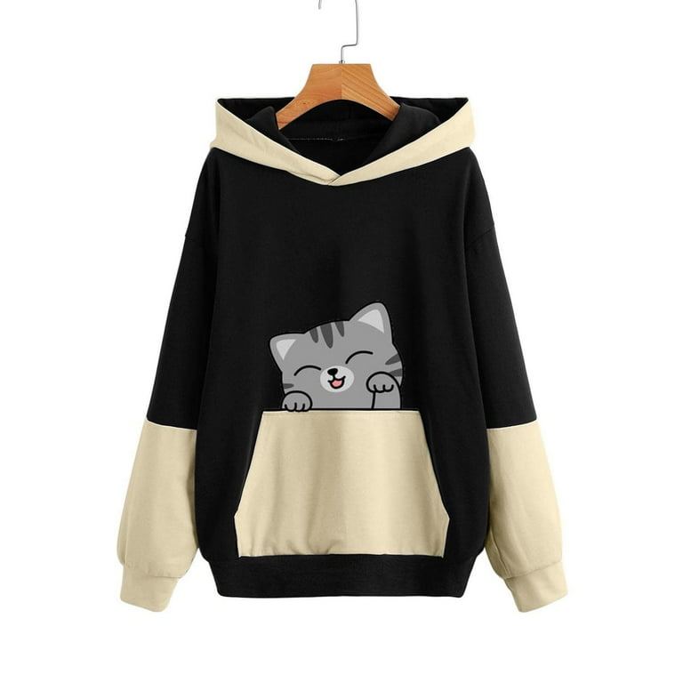 Cute Hoodies Plus Size Clothes for Women Hoodies for Teen Girls Women s Fashion Pullover Loose Sweater Cat Print Fall Junior Hoodie Hooded Sweatshirt Women Black XXL Walmart