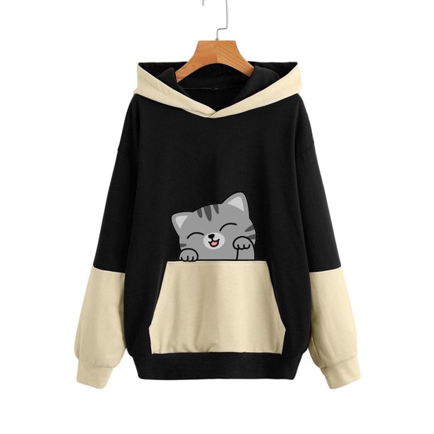 Sudadera ligera con cremallera Gibobby Kawaii Pullover con capucha Suelta color Block negro L