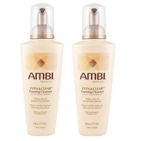 Ambi SkinCare Even and Clear Foaming Cleanser with Salicylic Acid Acne Treatment, 6 Oz (Pack of