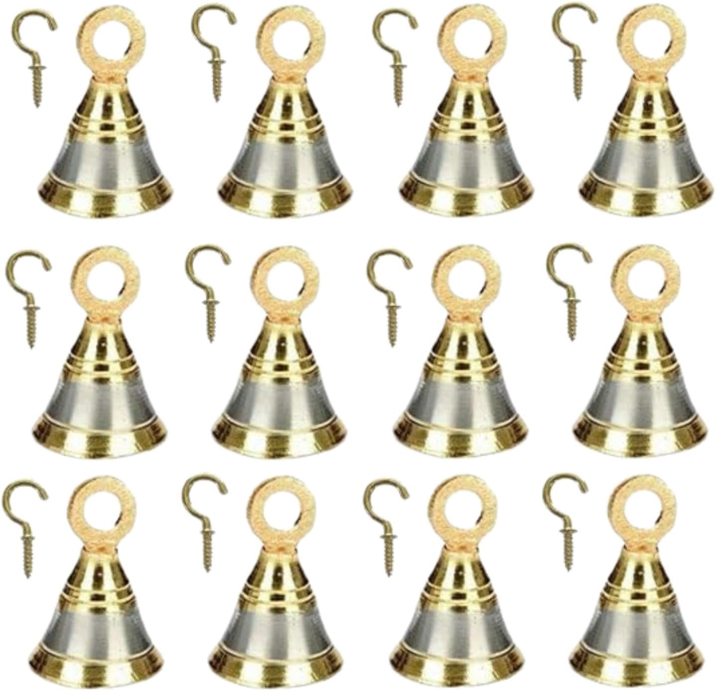 1.5 Inch Handicrafts Brass Pooja Bell with J Hook Decorative Gift Set of 12 for Home & Office, Golden