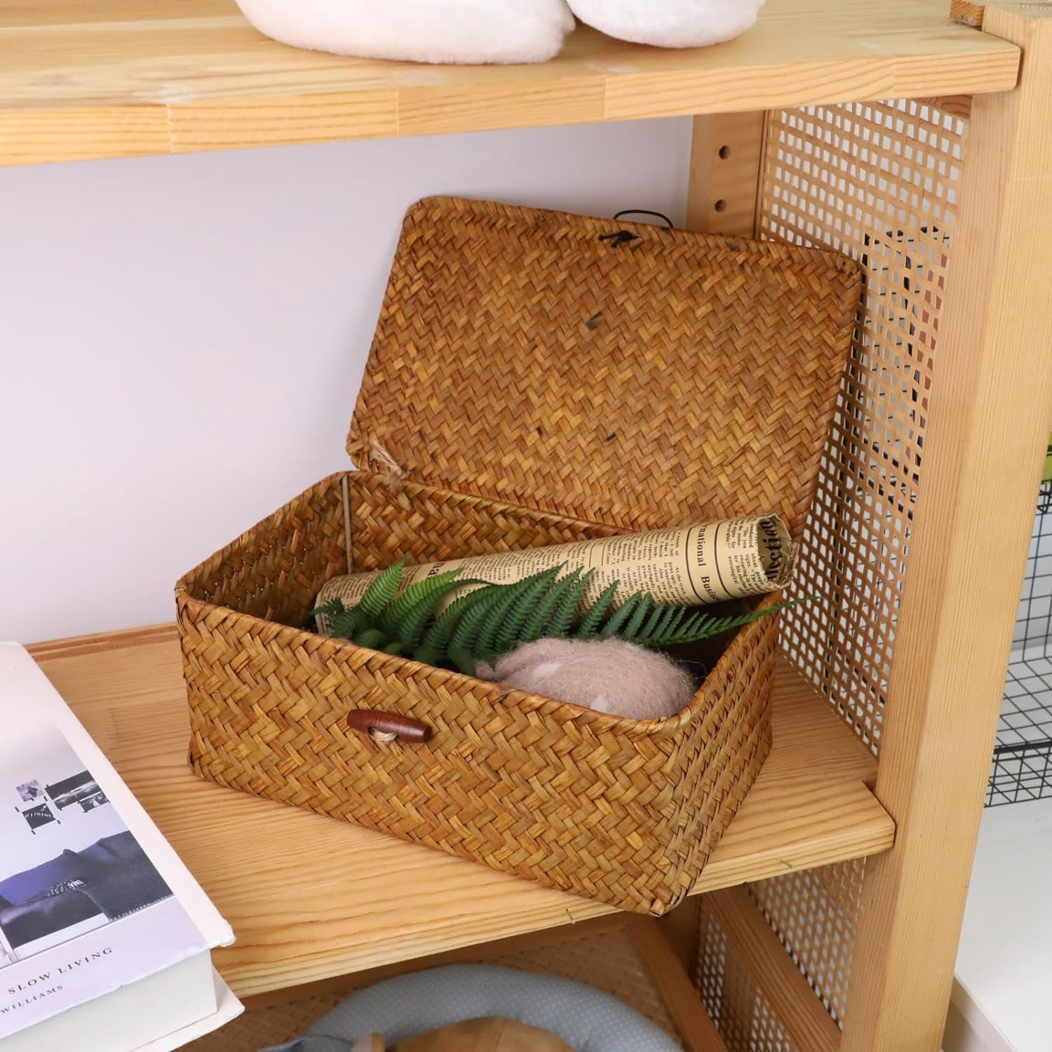 Seagrass Storage Basket, Simple Large Capacity Dustproof Soft Woven Rectangular Basket Bins With Lid For Bathroom L