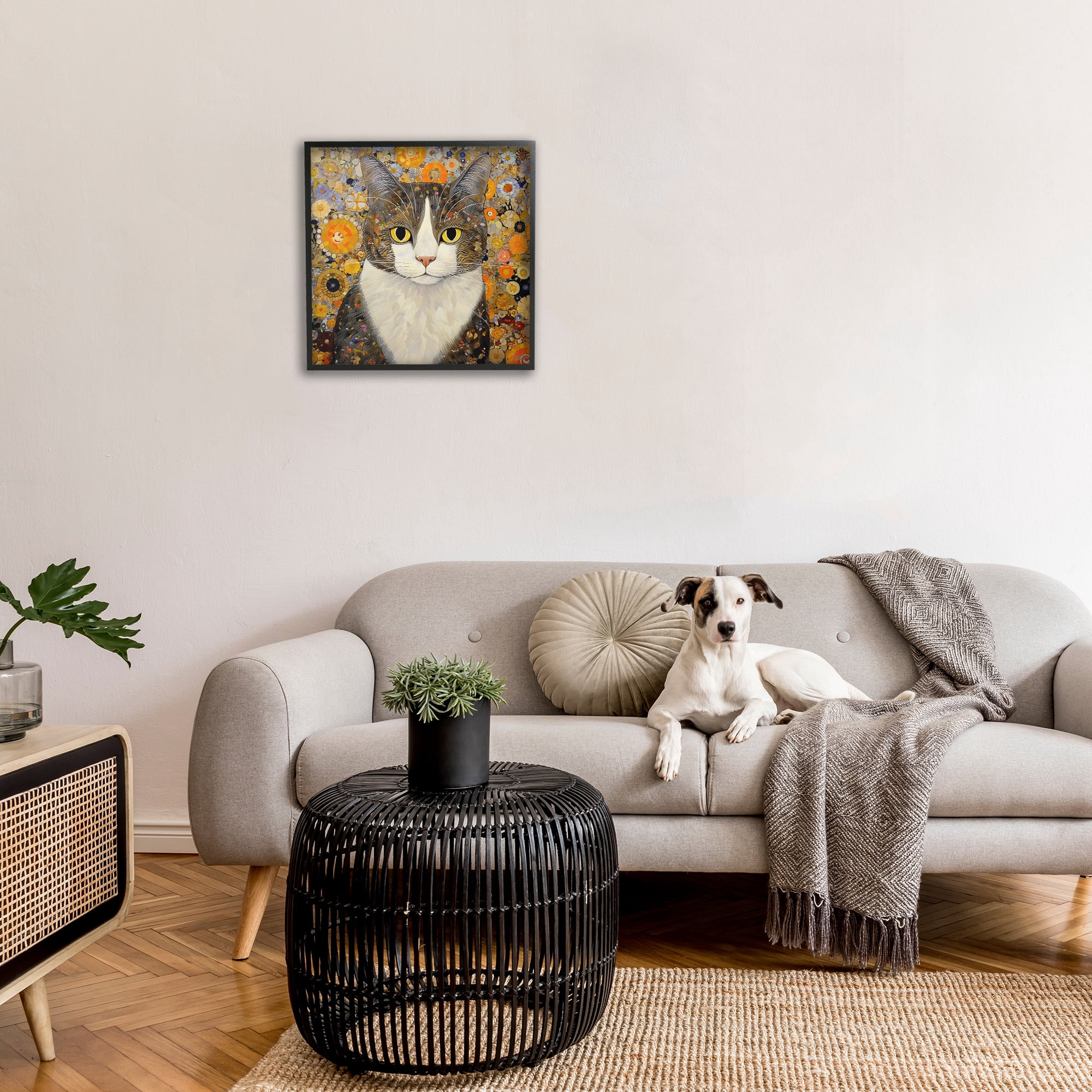 Stupell Industries Mosaic Pattered Cat Animals & Insects Painting Black Framed Art Print Wall Art, 24 x 24