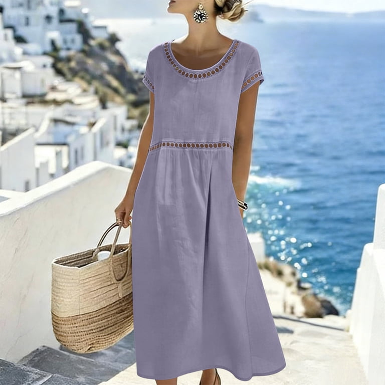 Cmfcve Women's Summer Dresses Casual Cotton Gauze Dresses Short Sleeve Loose Fit Eyelet Dress