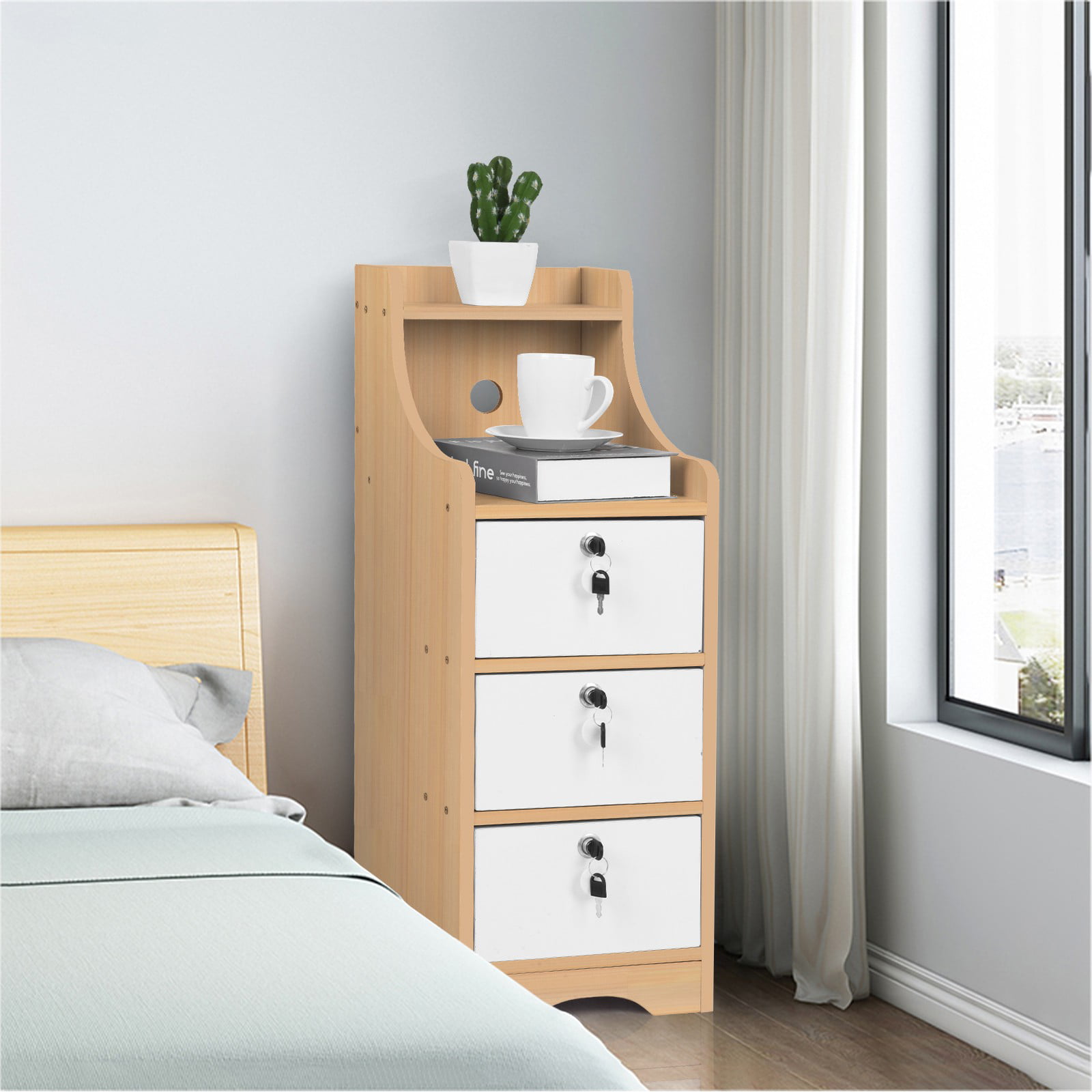 Solid Wood Elegant Nightstand W/3 Locking Drawer End Table Bedside Cabinet  