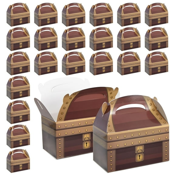 BLUE PANDA Pirate Party Favors Treasure Chests - 24-Pack Paper, 6 x 3.3 x 3.6 In, Brown - Easy Fold-Flat Assembly & Classroom Prize Box
