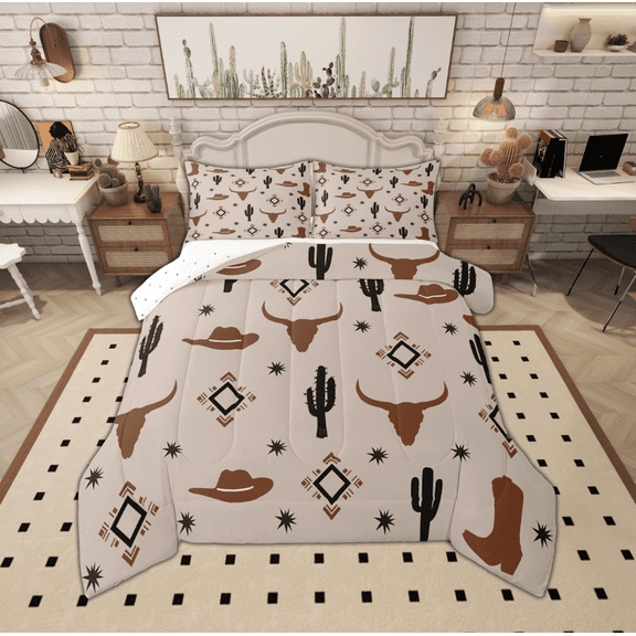 Manfei Bohemian Aztec Teens Bedding Comforter Set, Rustic Farmhouse Cactus Twin Comforter Sets, Southwestern Reversible Bedding Set, Microfiber Bedroom Decor, 2-Piece