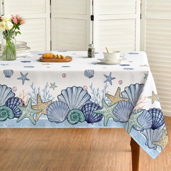 84x60in Blue Watercolor Starfish Shell Tablecloth for Beach Party Decor