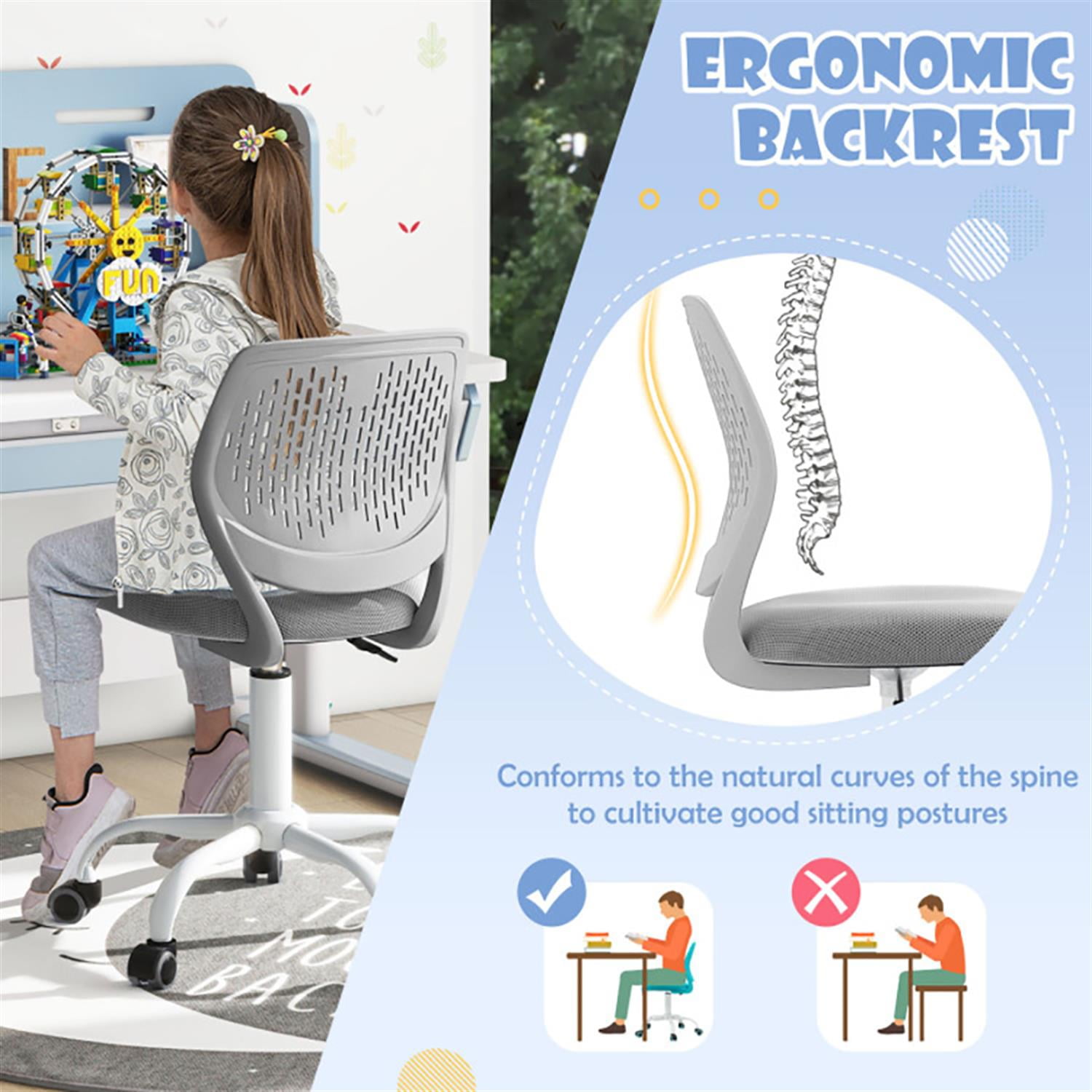 Demi Bonn Ergonomic Study Chair, Computer Desk Chairs with Adjustable Height, Suitable for Home Office, Gray