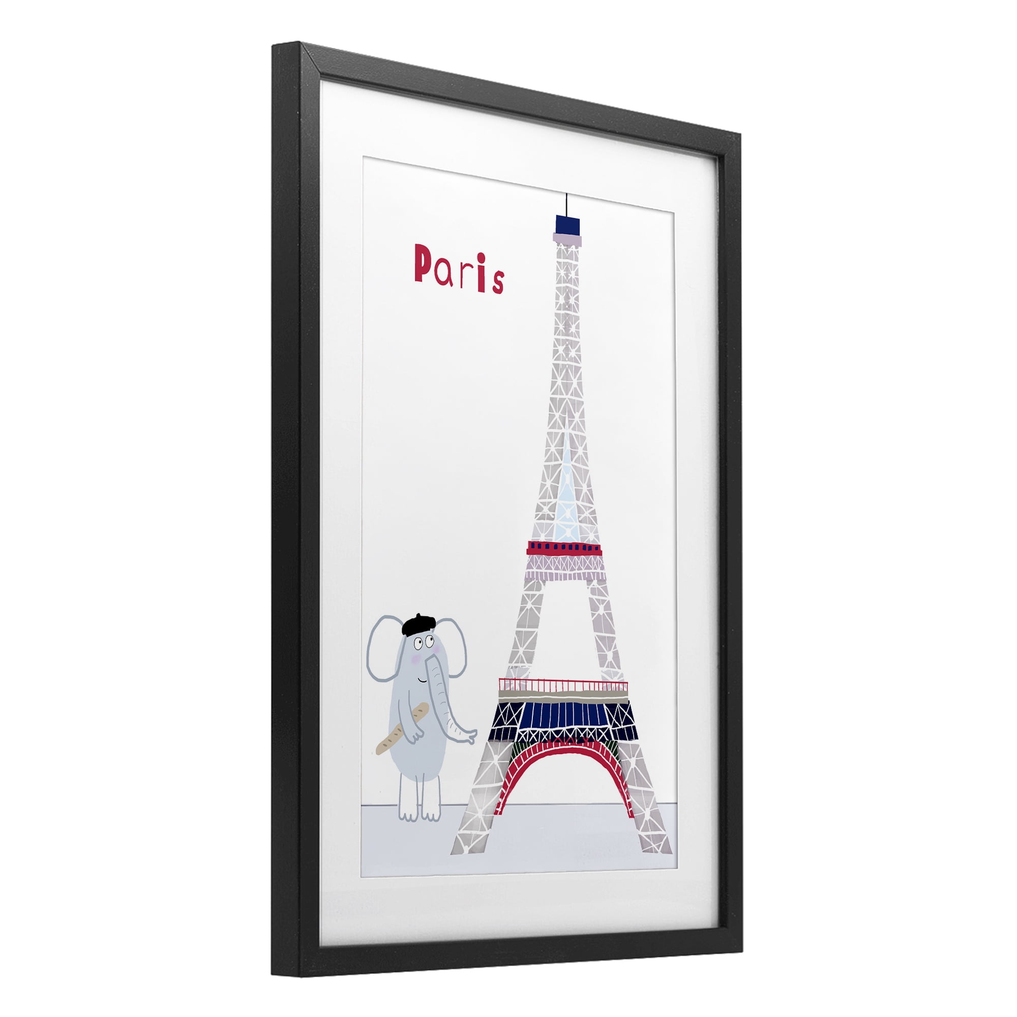 Elephant & Eiffel Tower Black Framed Print Under Glass, design by Carla Daly