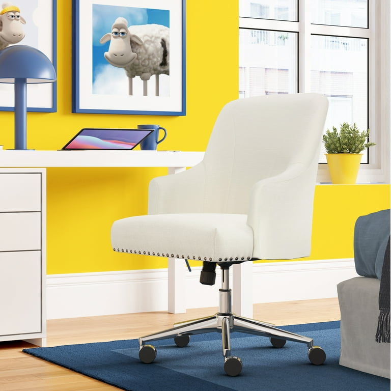 Serta Leighton Home Office Desk Chair Chrome Nailheads Twill Fabric Ivory
