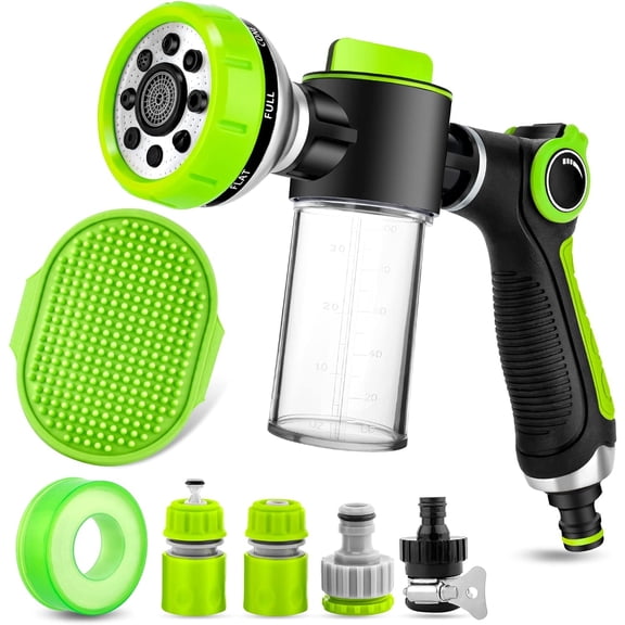 Dog Washing Hose Attachment, 8-in-1 Sprayer Mode Garden Nozzle with Pet Bathing Brush and 100cc Soap Dispenser Bottle, Adopted in Watering Flowers, Car Wash, Horse Showering (Green)