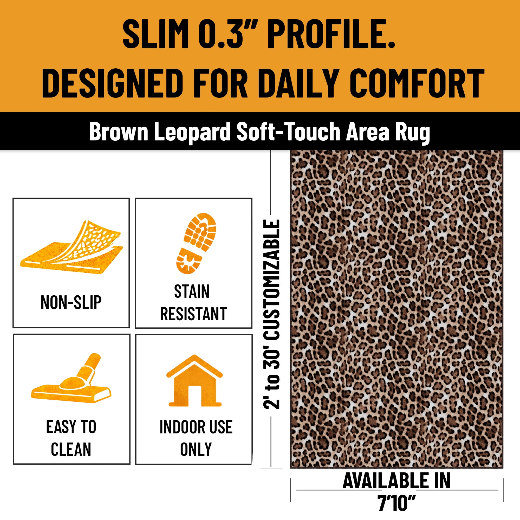 Ottomanson Non-Slip Extra Large Area Rug 7'10" x 23' Low Pile Living Room Carpet, Leopard Print Brown