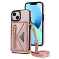 thumbnail image 3 of Feishell Fit for iPhone 14 (6.1 inch) Case with Adjustable Shoulder Strap,Luxury Premium PU Leather Back Magnetic Buckle Flip Card Pocket Zipper Wallet Crossbody Phone Case,Pink, 3 of 14