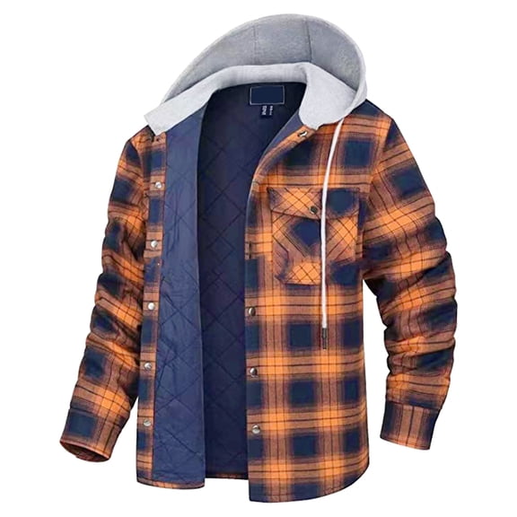 Siilsaa Flannel Shirt Jacket for Men Big and Tall Quilted Lined Hooded Jackets Zip Up Hoodies Long Sleeve Cotton Warm Coat with Pocket Winter Thick Thermal Outerwear with Removable Hood Orange,S
