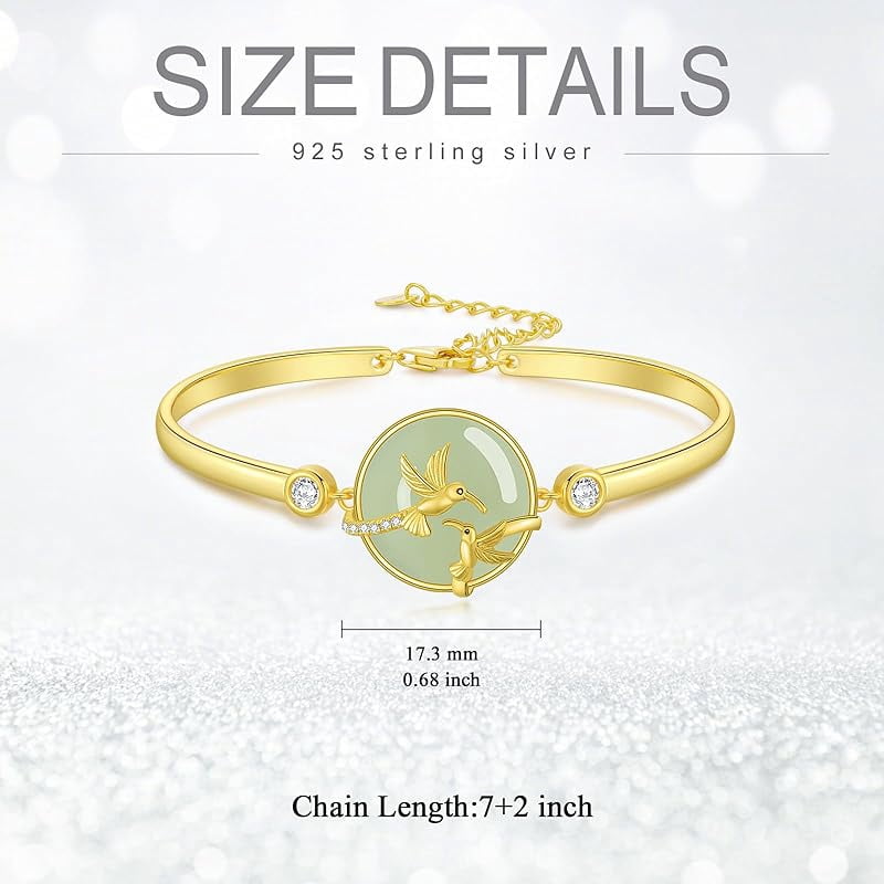 JKR Jade Bracelet for Women 14k Plated Sterling Silver Lotus/Sunflower/Tree of Life/Hummingbird/Dragonfly/Bee/Butterfly/Cat Jade Jewelry Birthday Mothers Day Gifts for Mom Grandma