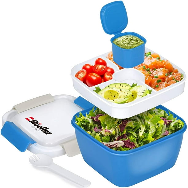 Mueller Salade Lunch Container To Go, grand bol à salade de 51 oz, plateau  divisé en 3 parties, avec récipient à vinaigrette et porte-salade  réutilisable Spork Smart Locking étanche, (gris) 