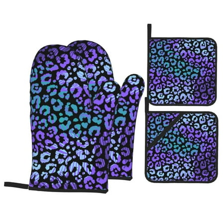 

Oven Mitts and Pot Holders Sets 4 pcs - Stripe Purple Leopard Print Heat Resistant Silicone Oven Gloves with Non-Slip Silicone Surface and hot pads for kitchen Baking Cooking BBQ