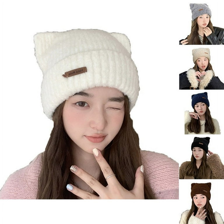 LAD MUSICIAN SHAGGY CAT EAR KNIT CAP 猫耳 Xfvqtps Womens Cute Cat Ear Beanie Fashion Leather Label Knitting