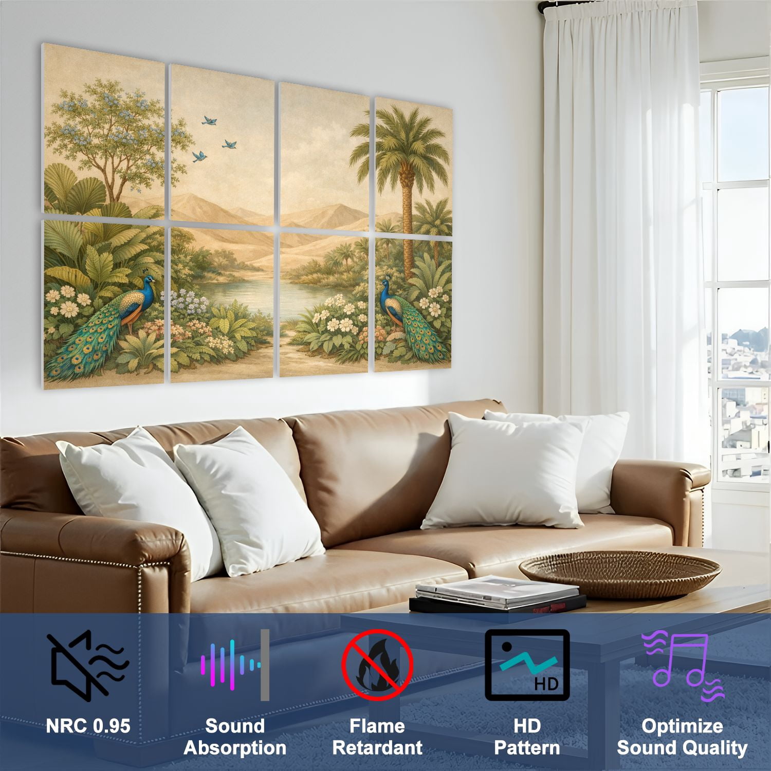 8 Pack Art Acoustic Panels Tropical Jungle Exotic Peacocks Palm Trees Self Adhesive Absorbing Dampening Panels Self Adhesive for Nursery Game Room Bedroom 48"x32"