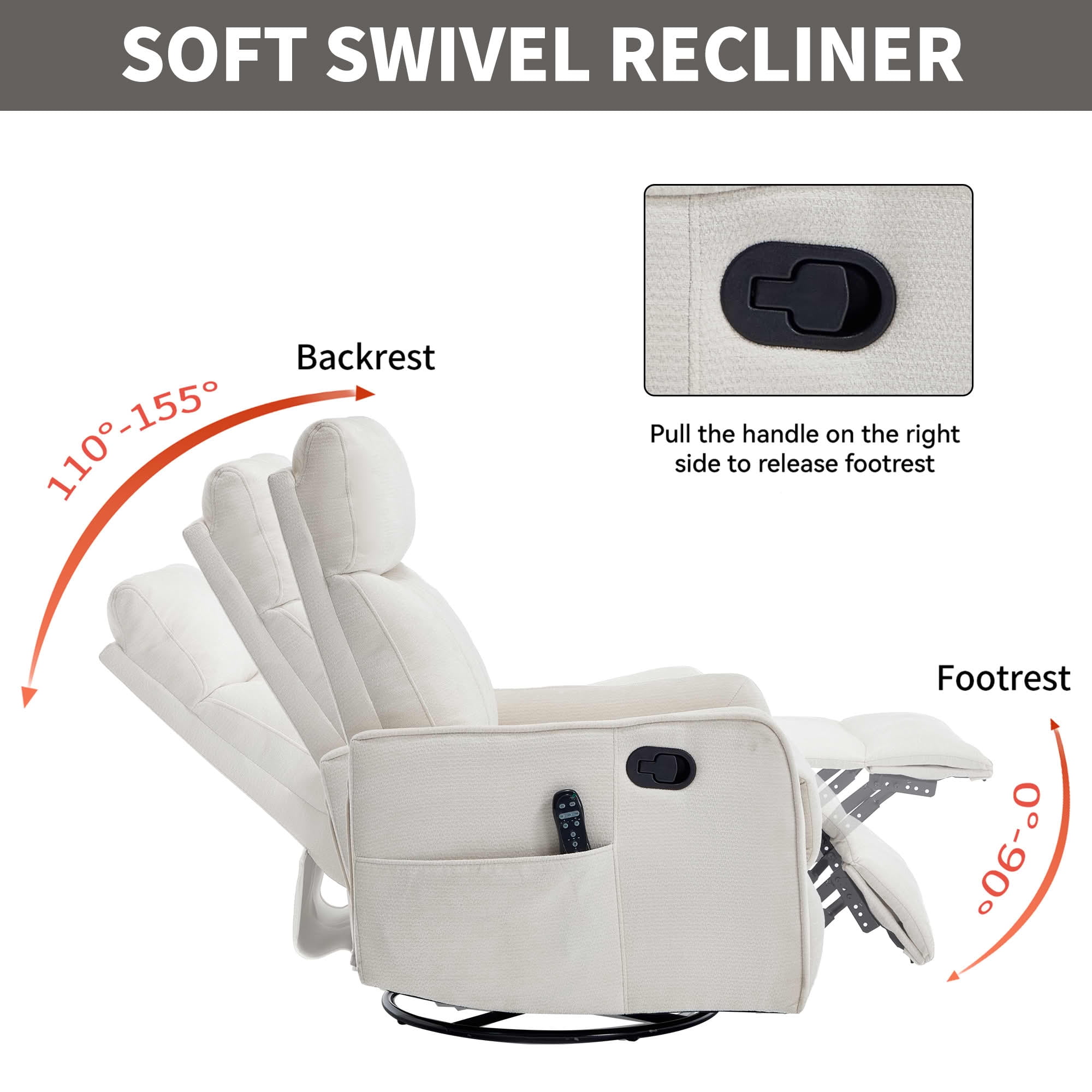 MAYEERTY Beige Chenille Heat Massage Recliner Chair, 360° Swivel Rocker for Living Room, 26x35x39in