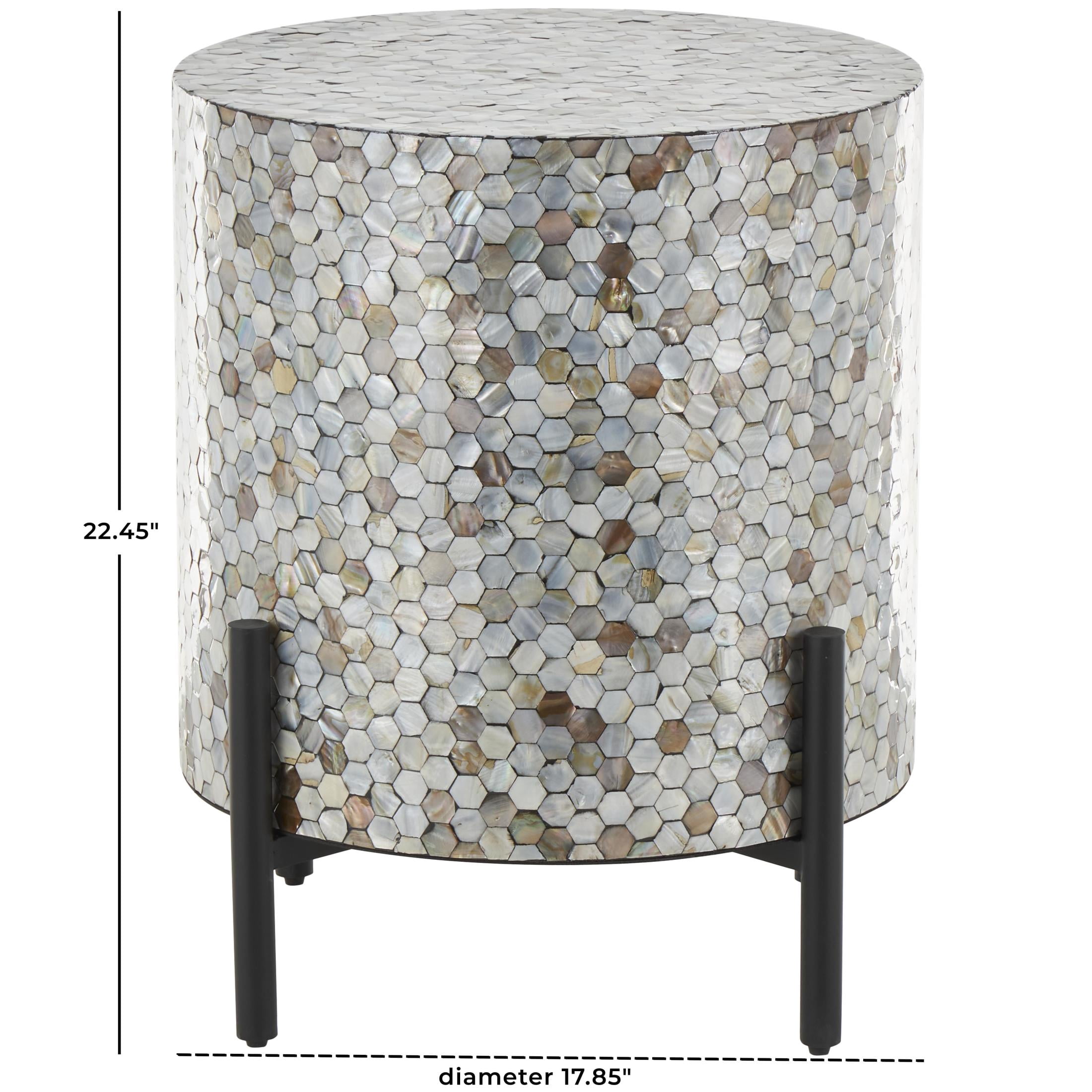 DecMode 18" x 22" Multi Colored Mother of Pearl Shell Handmade Hexagon Mosaic Inlay Abstract Accent Table with Black Metal Legs, 1-Piece