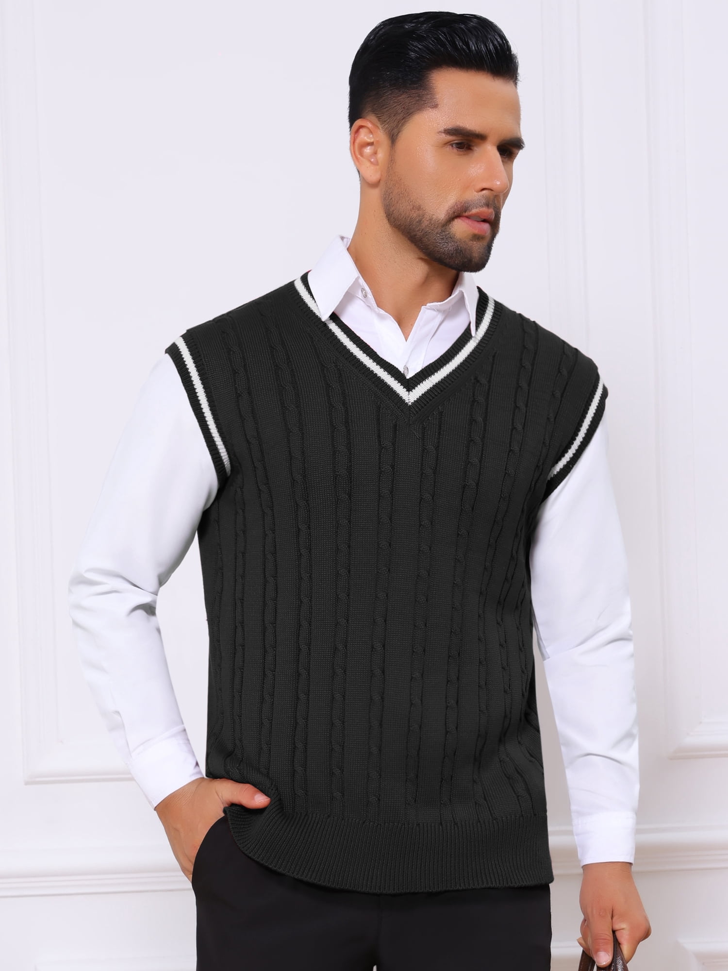 DARING DIVA Men's Solid Color V-Neck Sleeveless Cable Knitted Sweater Vest M Black