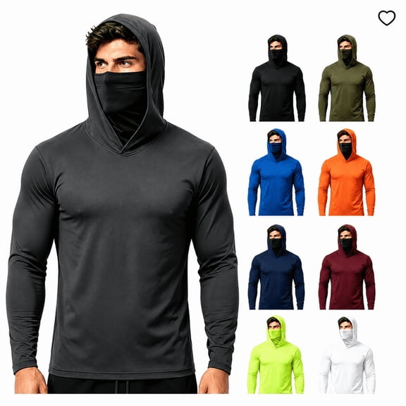 Greenink Men's Hooded Sun Protection Shirt with Built-in Face Mask, Lightweight Quick Dry Long Sleeve Fishing Hiking Outdoor Rash Guard Tee