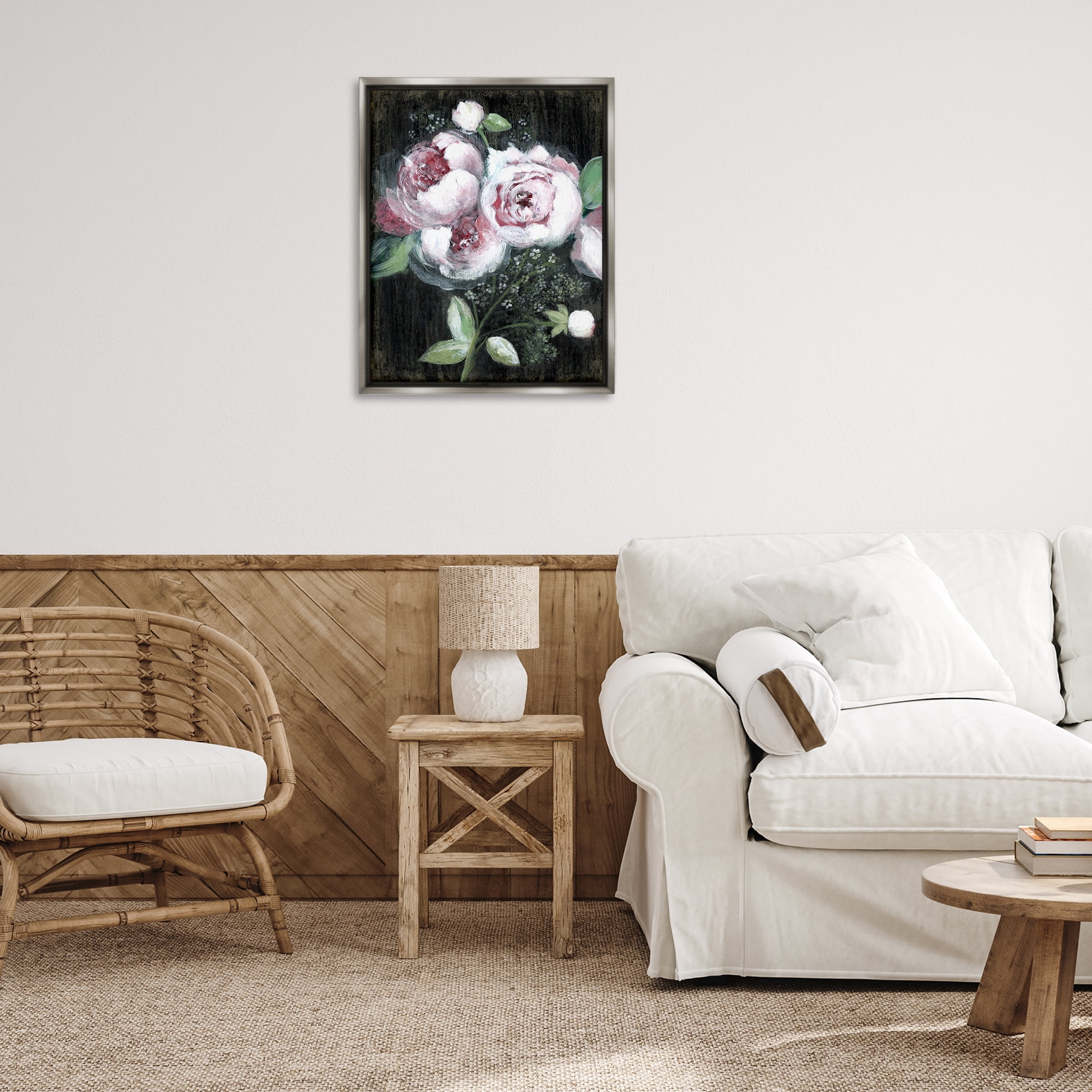 Stupell Industries Moody Roses on Black Plants & Flowers Painting Gray Floater Framed Canvas Art Print Wall Art, 25 x 31