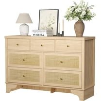 Twister.CK 7 Drawers Dresser for Bedroom, 47.3'' Wide Wood Chest of Drawers with Natural Rattan Drawers, Drawer Organizer for Living Room, Entryway and Hallway, Natural