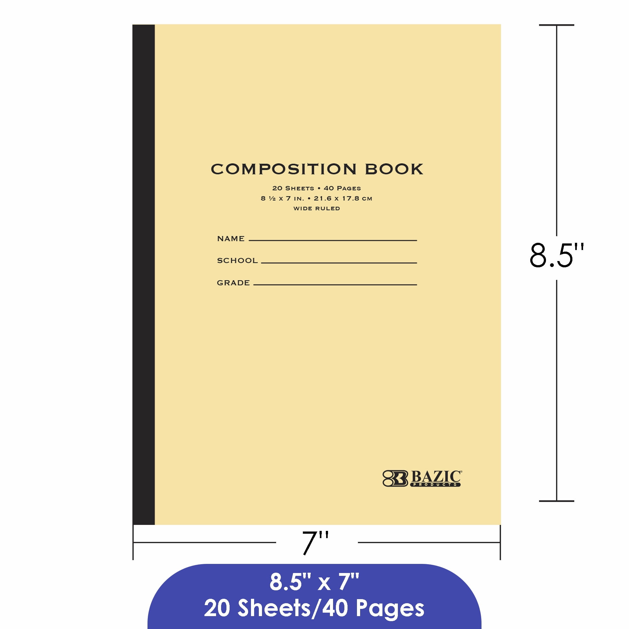 BAZIC Composition Book Wide Ruled 20 Sheet Manila Cover Notebook 8.5"x7", 12-Pack