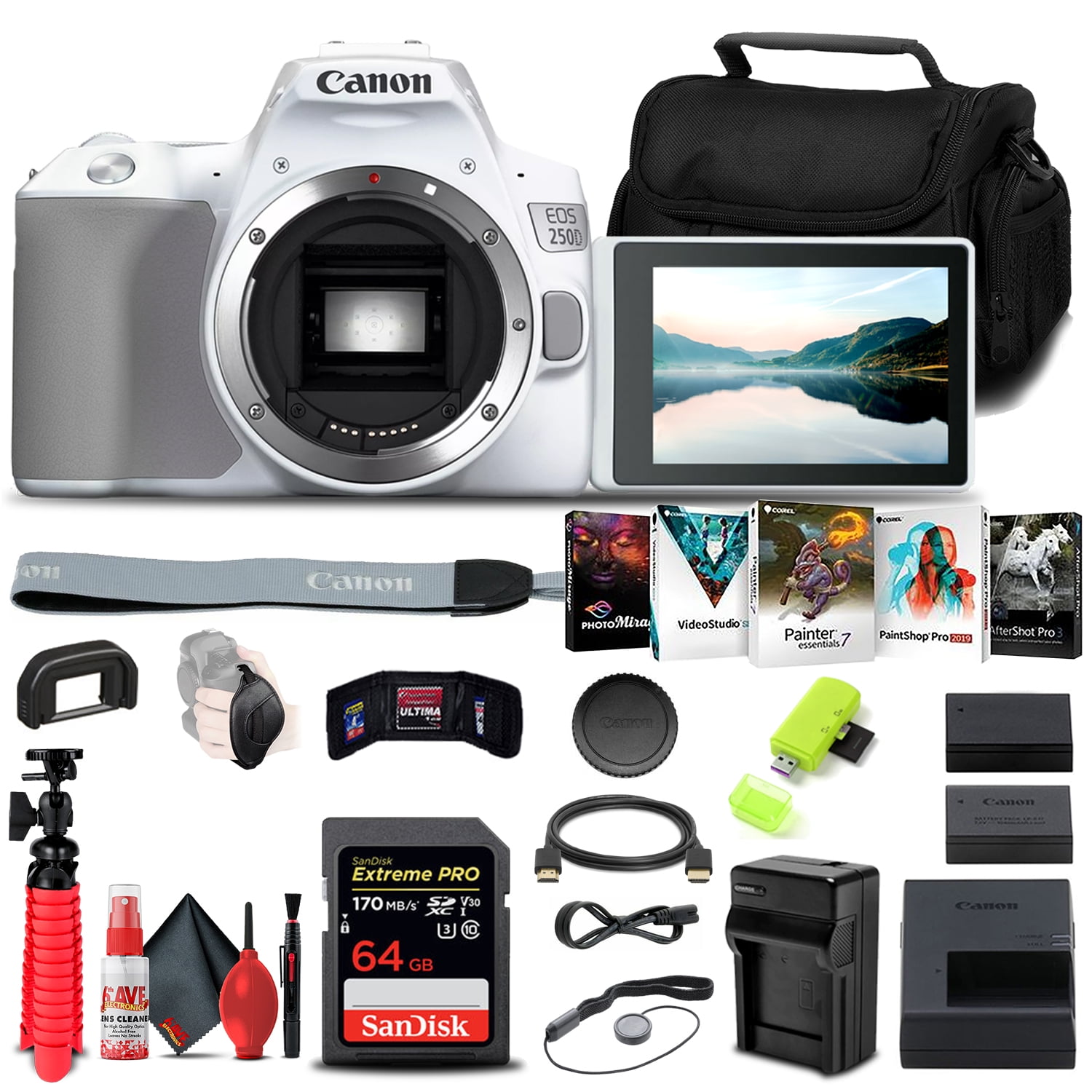 Canon EOS 250D / Rebel SL3 DSLR Camera (Body Only) + (White) 64GB