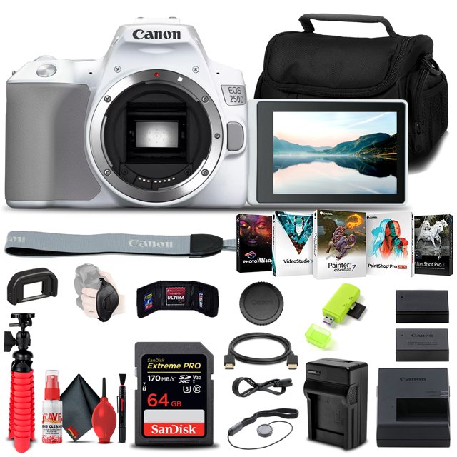 Cámara DSLR Canon EOS 250D/Rebel SL3 (Solo Cuerpo) Blanca + Tarj. Mem. 64Gb + Bat. LPE17 + Carg. Ext. + Lector Tarj. + Soft. Fotog. Corel + Estuche + Trípode Flex.