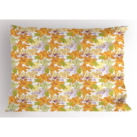 Beauty Violet 20 - Floral Pillow Sham Giant Lily Flowering Petals Exotic Blooms Hawaiian Bouquet Beauty, Decorative Standard Queen Size Printed Pillowcase, 30 X 20 Inches, Violet Marigold Apple Green, by Ambesonne